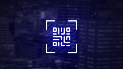 QR code scanner with neon elements against tall buildings