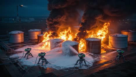intense fire response: firefighting robots spraying foam on explosive blaze at storage facility with flaming tanks and thick smoke rising