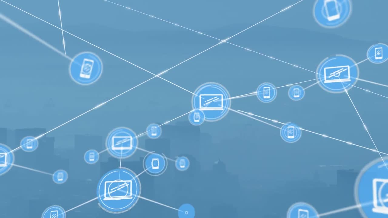Animation of network of connections over cityscape