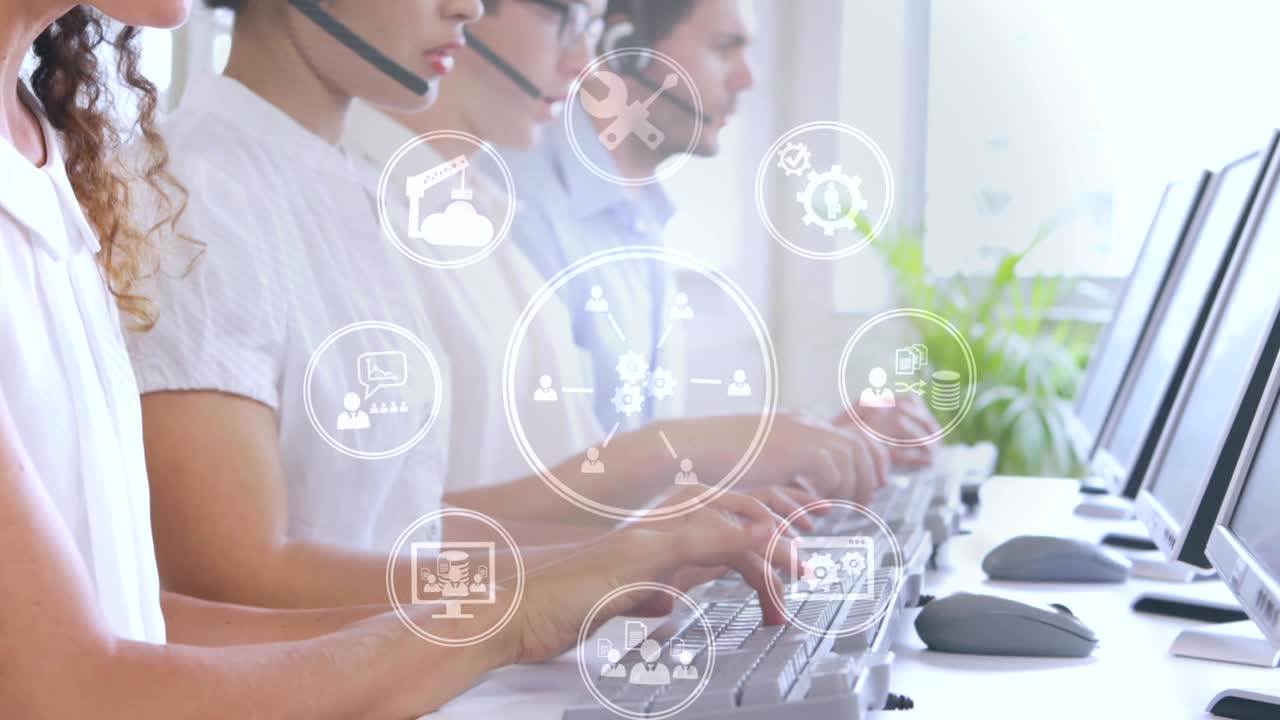 representantes del centro de llamadas y diferentes iconos 4k