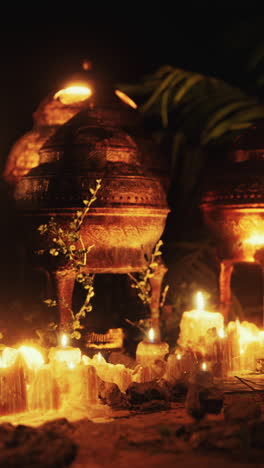 ancient lanterns and candles glowing in the dark