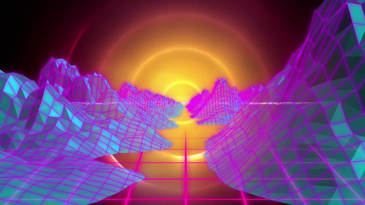 animación de montañas que se mueven en el espacio con círculos brillantes