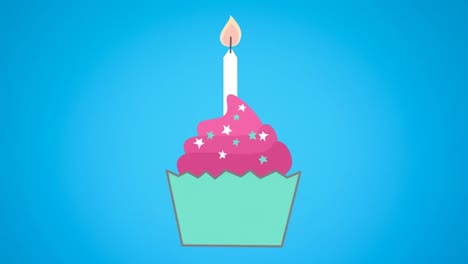 Animation-of-birthday-lit-candle-in-cupcake-on-blue-background