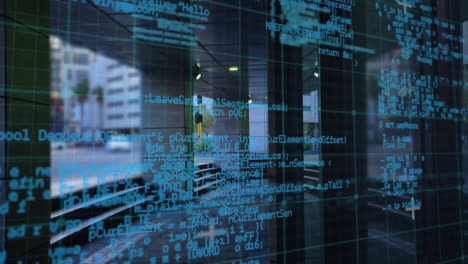 Animation of binary coding data processing over cityscape