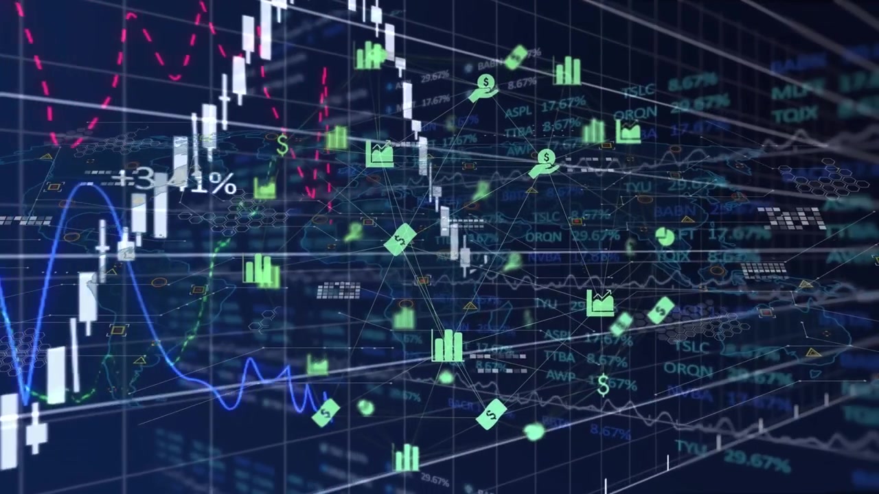 Animation of financial data processing with icons on black background