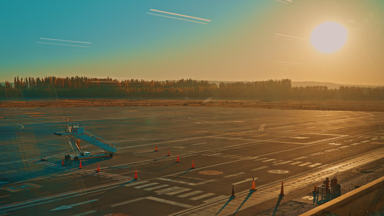 Leeg luchthavenplatform tijdens het gouden uur bij zonsopgang of zonsondergang