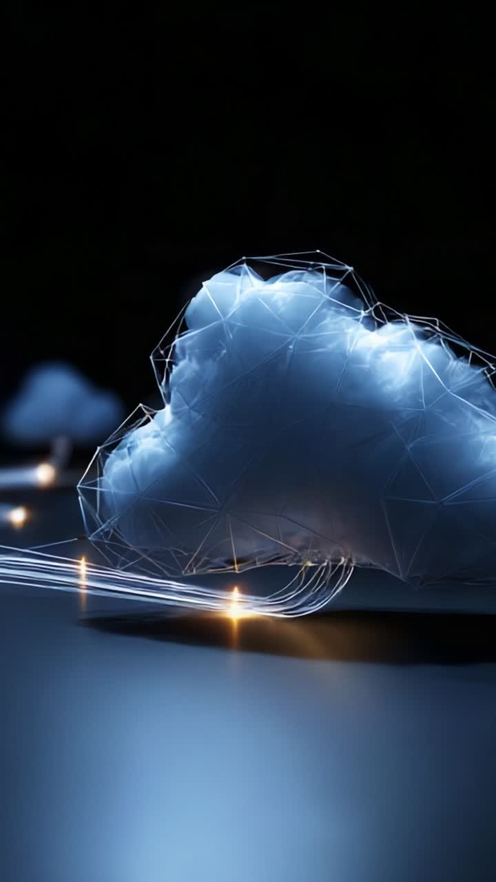 A Stunning Visual Representation of a Cloud Forming with Glowing Lines and Illuminated Technology Symbols, Highlighting the Fusion of Nature and Digital Elements