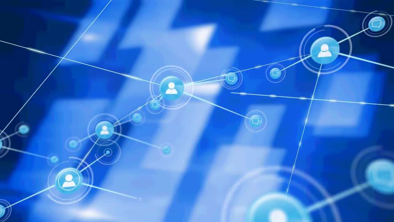 검은색 배경의 파란색 모양 위에 아이콘으로 연결 네트워크의 애니메이션