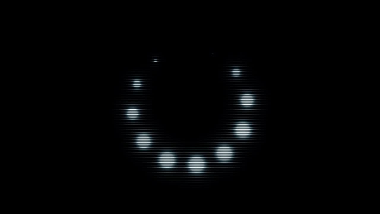 검은색 배경에서 움직이는 작은 박이는 구의 하 원 아이콘을 로딩, 모노크롬, 애니메이션, 반이는 점들이 하나씩 원으로 움직이는, 원활한 루프