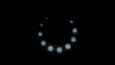 carga de icono de círculo blanco de pequeñas esferas parpadeantes que se mueven sobre un fondo negro, monocromático. animación. puntos brillantes moviéndose en un círculo uno por uno, bucle sin costuras