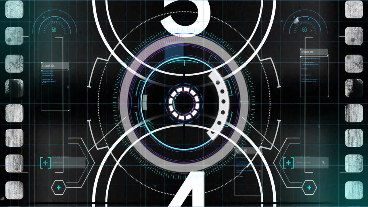 Futuristic countdown animation with rotating circles and digital interface elements