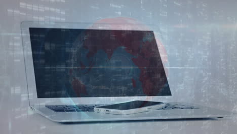 Animation of screens of mosaic squares and spinning globe over laptop and smartphone