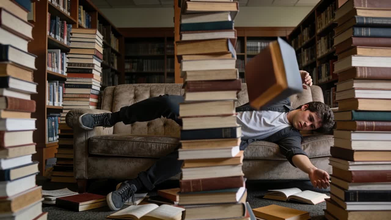 Un adolescente in felpa scura si allunga, afferrando un libro che cade su un divano della biblioteca vicino agli scaffali, recuperando libri.