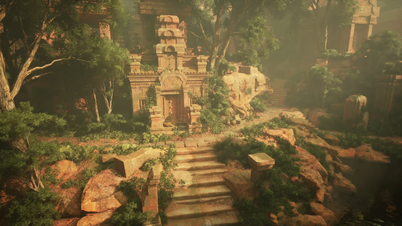 antiguas ruinas de templos en una selva de niebla