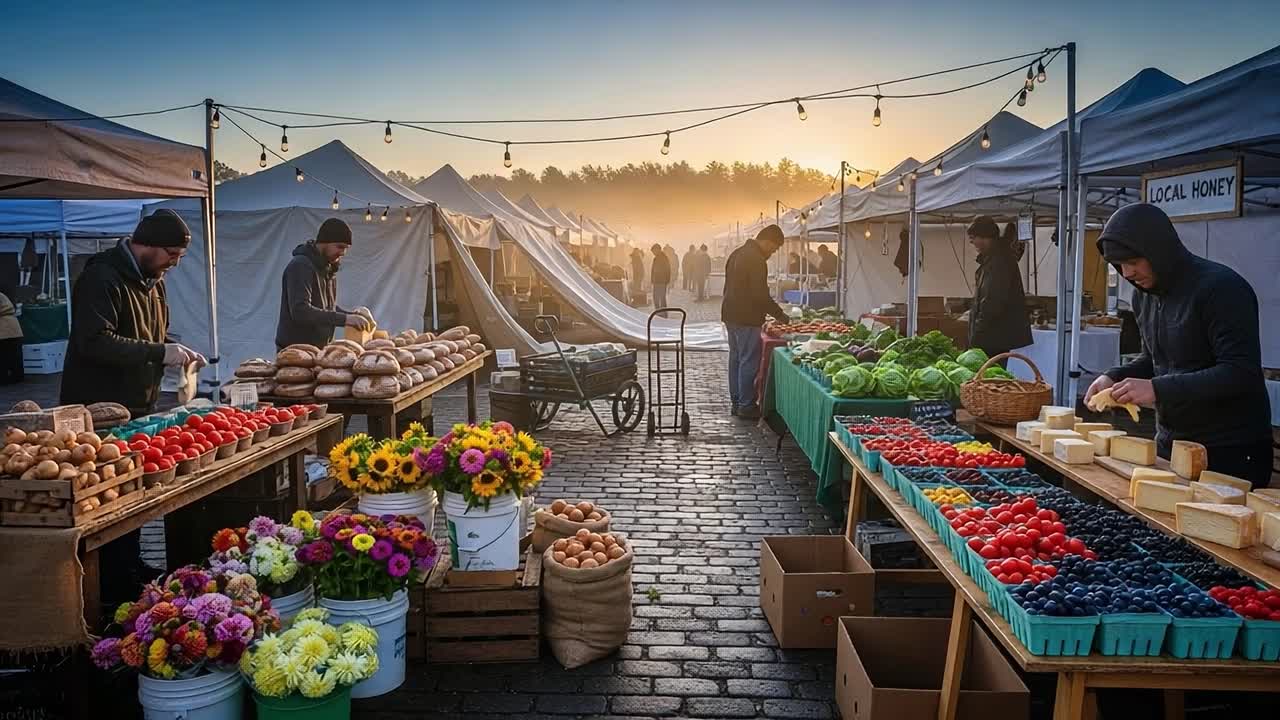 Vibrant Farmers Market at Dawn: Fresh Produce and Beautiful Flowers Amidst Soft Morning Light Captured in Two Illustrative Frames