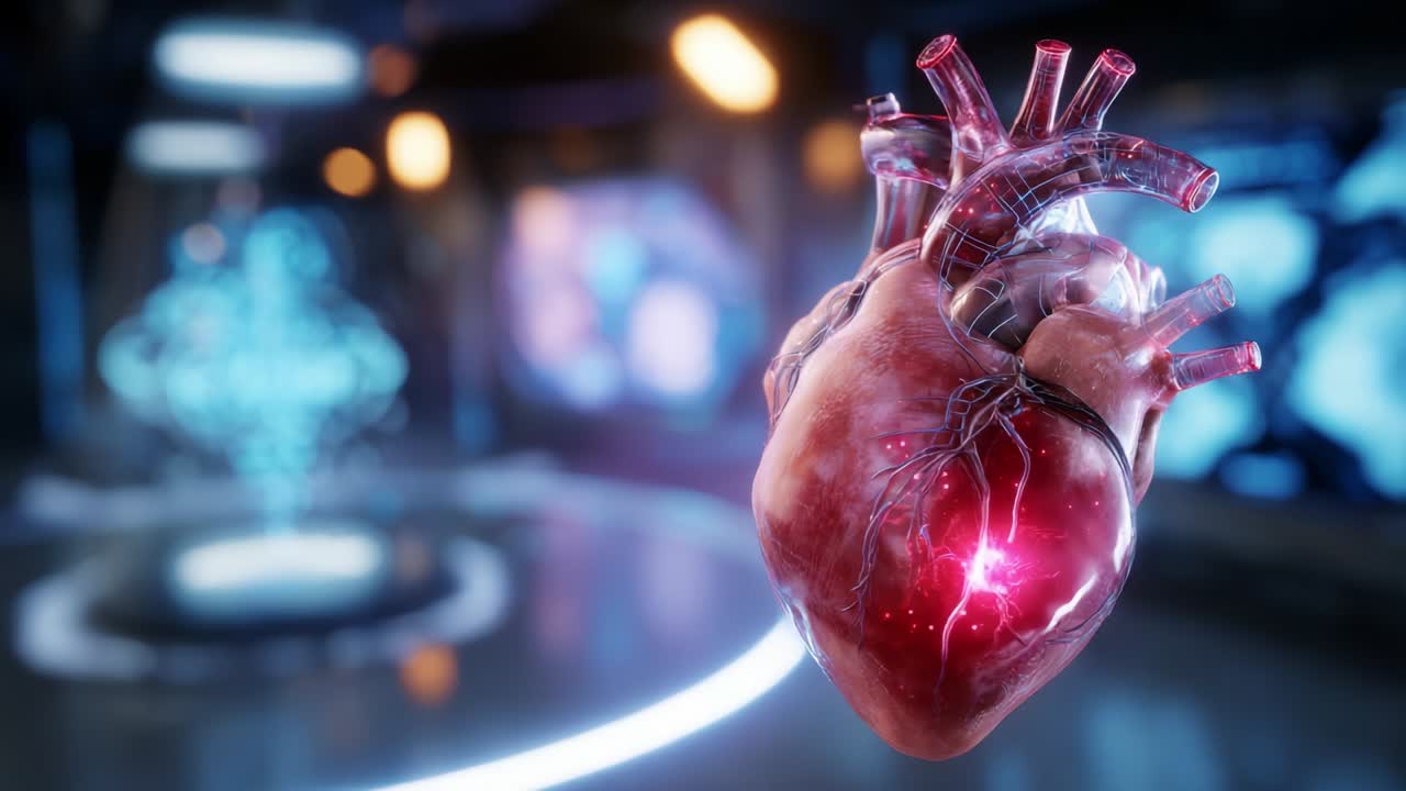 A stunning close-up render of a human heart, showcasing intricate details like arteries and veins, surrounded by a futuristic environment, highlighting the beauty of anatomy and the essence of life