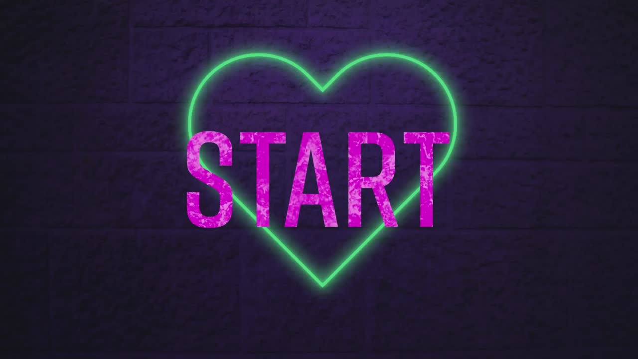 animación de un cartel de texto de inicio púrpura sobre el icono de corazón verde neón contra una pared de ladrillo gris