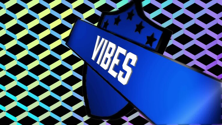 Animazione del testo 'vibes' su targhetta blu e sfondo a rete viola vibrante e giallo