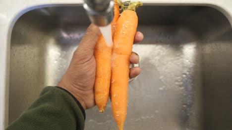 washing carrots in a kitchen sink