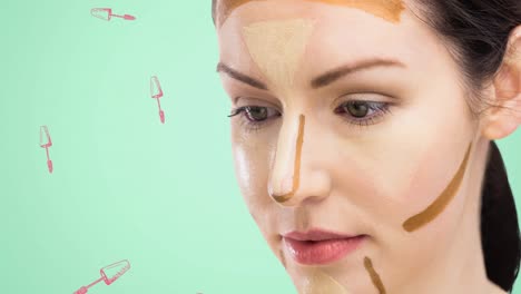 animation of mascara repeated with woman on green background