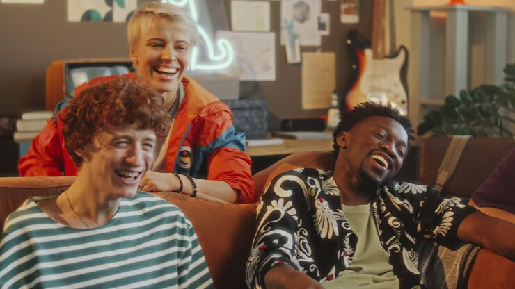 Friends Chatting and Laughing as Watching Sports on TV at Home