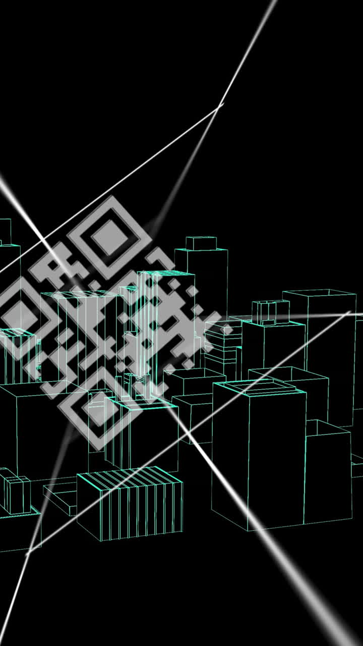 Animation of qr code and data processing over city
