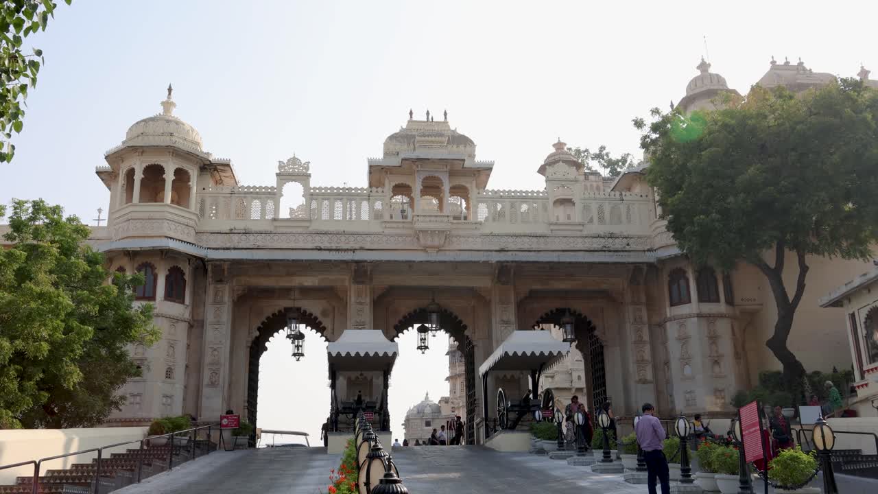 historical palace artistic entrance gate at morning from different angle video is taken at Udaipur rajasthan india on Nov 25 2023.
