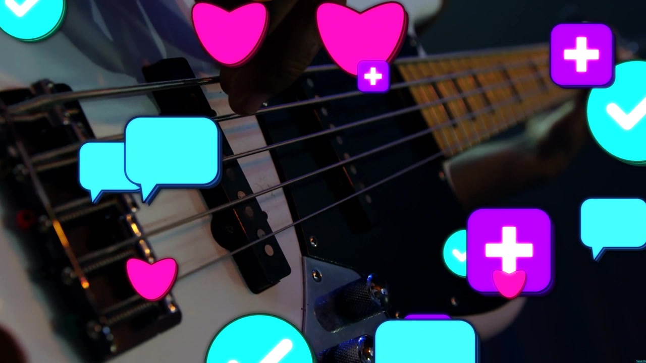 Right hand plucking bass strings, starting social icons floating over instrument to show engagement