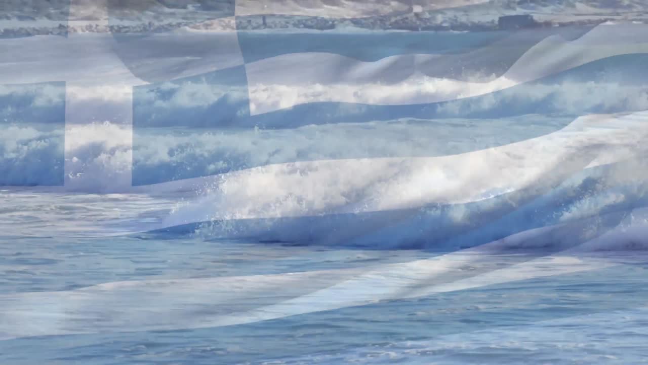 그리스  ⁇ 발이 바다 풍경 위에서 날아다니는 애니메이션
