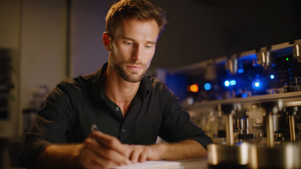 A focused individual in a dark setting, deeply engaged in writing notes while surrounded by scientific instruments, illuminated by soft blue lights and demonstrating intense concentration on his task