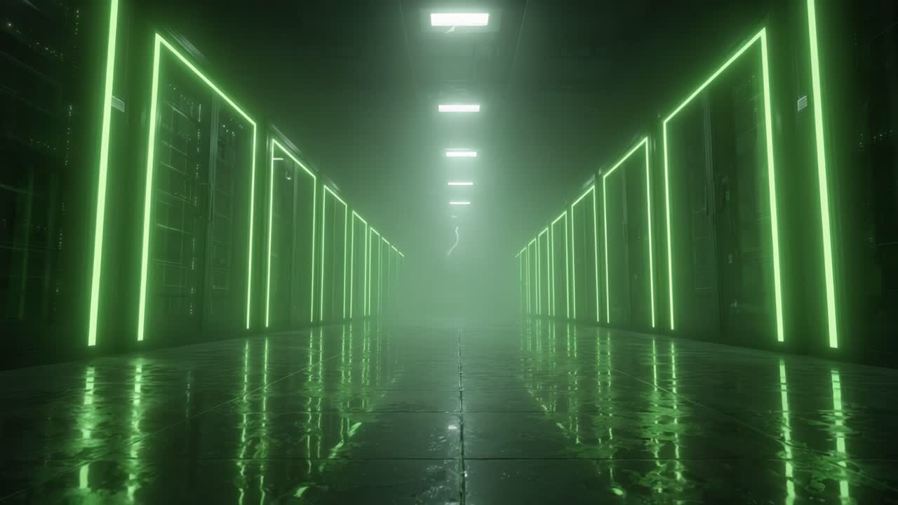 Ein geheimnisvoller, schwach beleuchteter Korridor in einem Serverraum, dessen neongrüne Lichter sich auf dem nassen Boden spiegeln und eine atmosphärische und futuristische Stimmung erzeugen
