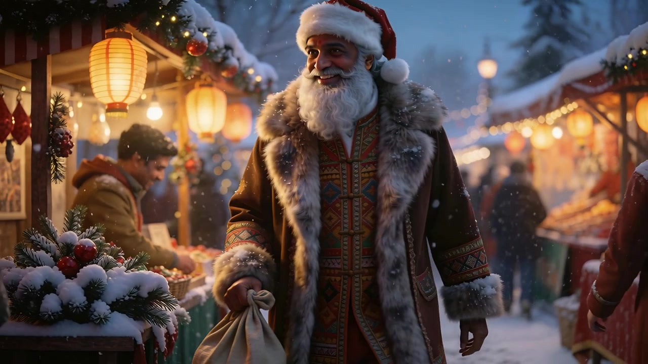 Anziano che cammina con un cappotto da Babbo Natale e un sacco, passando davanti al mercato, salutando un venditore mentre vengono sistemati i cesti