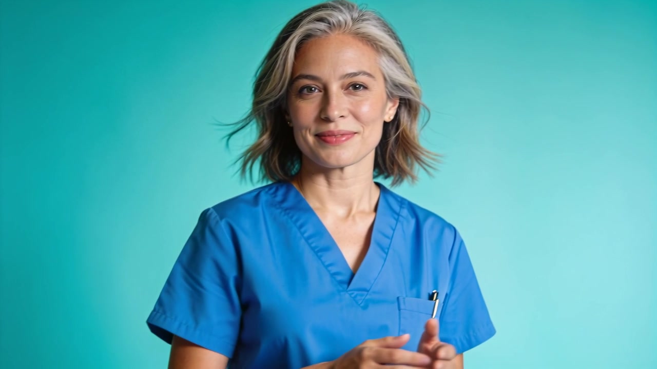 Wanita tersenyum mengenakan seragam medis biru berpose untuk potret setelah isyarat kamera, dengan latar belakang teal.