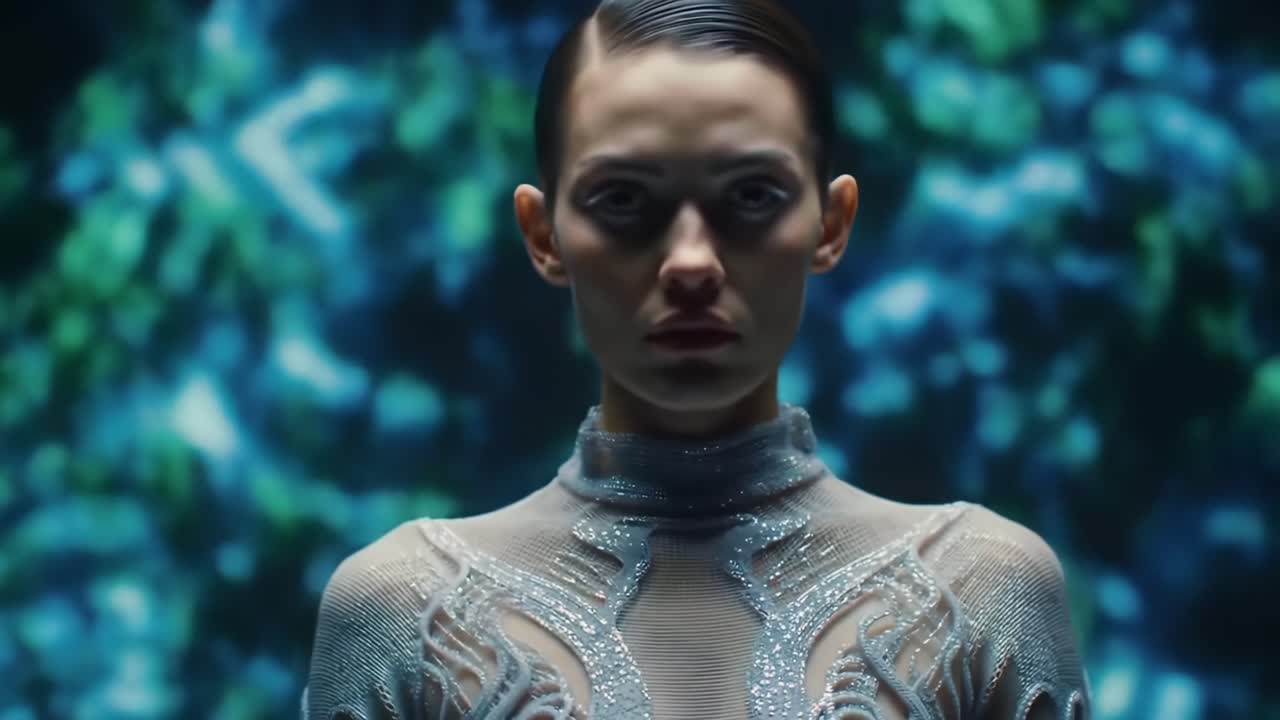 Model Showcases Innovative Fashion Design Amidst Vibrant Digital Backdrop in Urban Setting