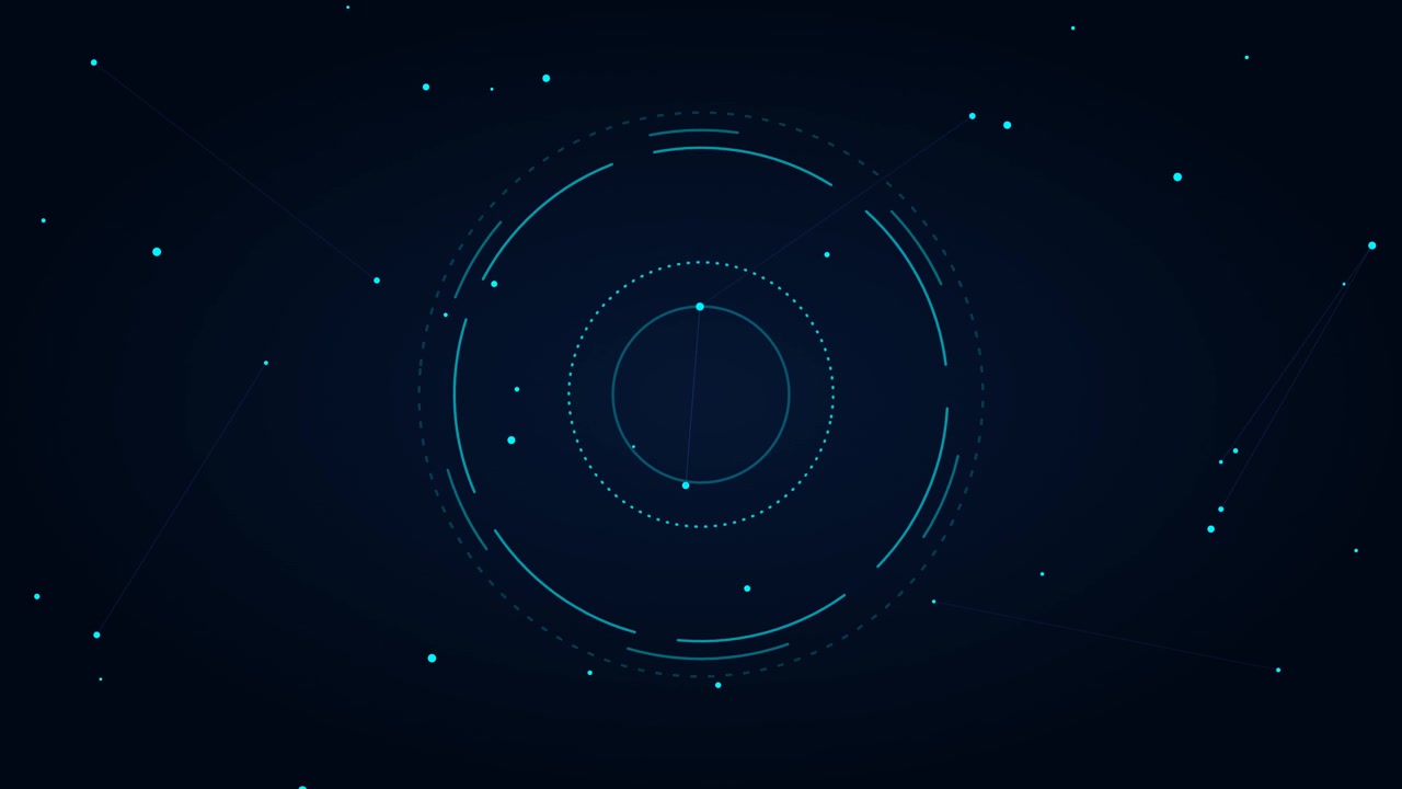 Abstract Digital HUD Interface with Rotating Circular Elements and Floating Particles
