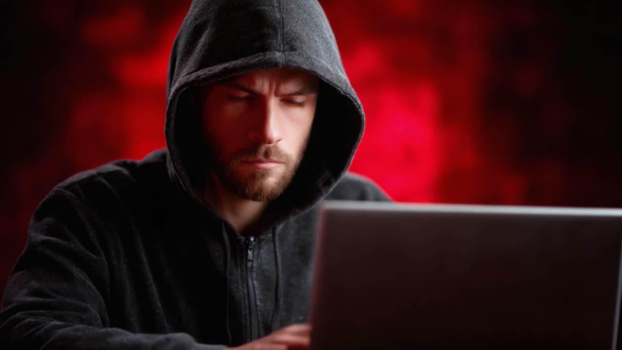 A focused individual in a dark hoodie stares intently at a laptop screen, exuding a mysterious and intense atmosphere, illuminated by a striking red backdrop
