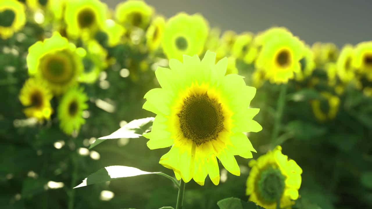 Sunflowers bloom brightly in vibrant fields during golden hour light