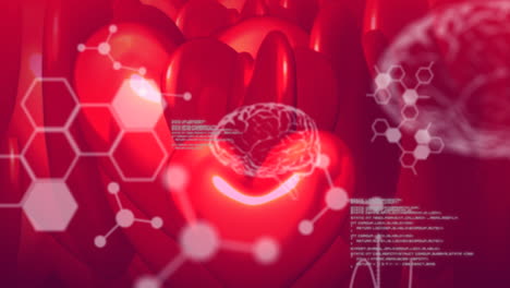 animación de fórmulas químicas y procesamiento de datos sobre corazones giratorios