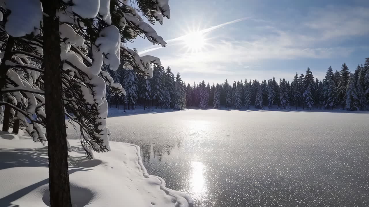 Islagt vintersjø med snødekte trær