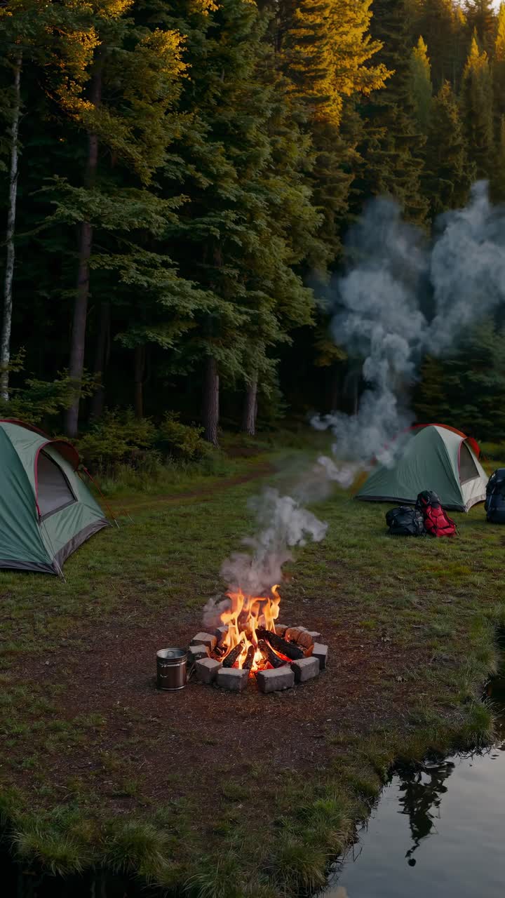 En hyggelig campingscene med telte og et lejrbål, optaget fra en lav engel