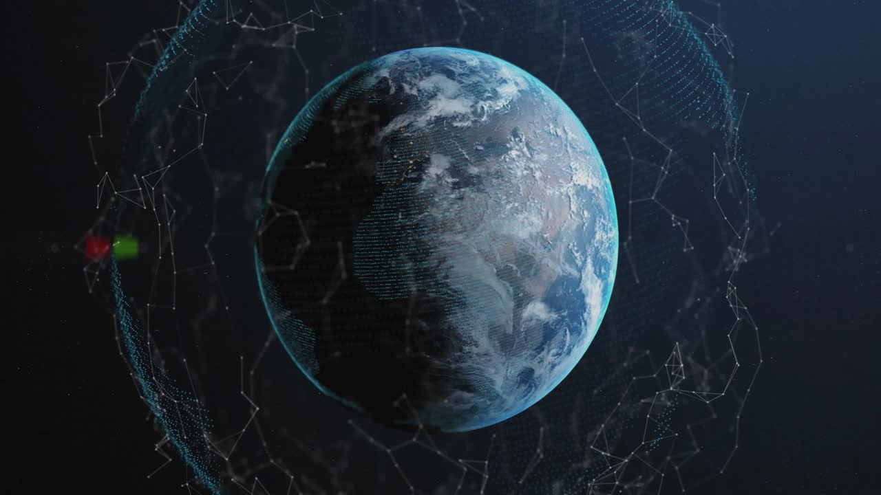 Bright sun flare emerging and sweeping across rotating 3D Earth globe highlighting network links