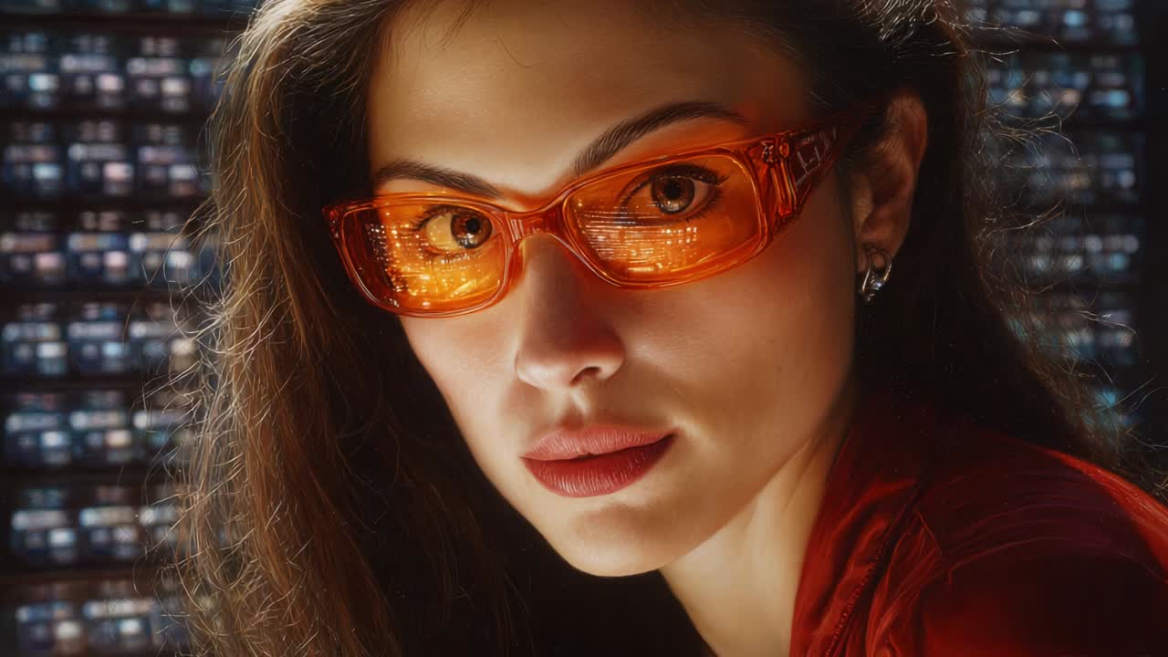 A close-up portrait of a young woman wearing stylish orange glasses. Her vibrant expression and the captivating background of illuminated panels create an intriguing blend of colors and textures, enticing the viewer to explore deeper