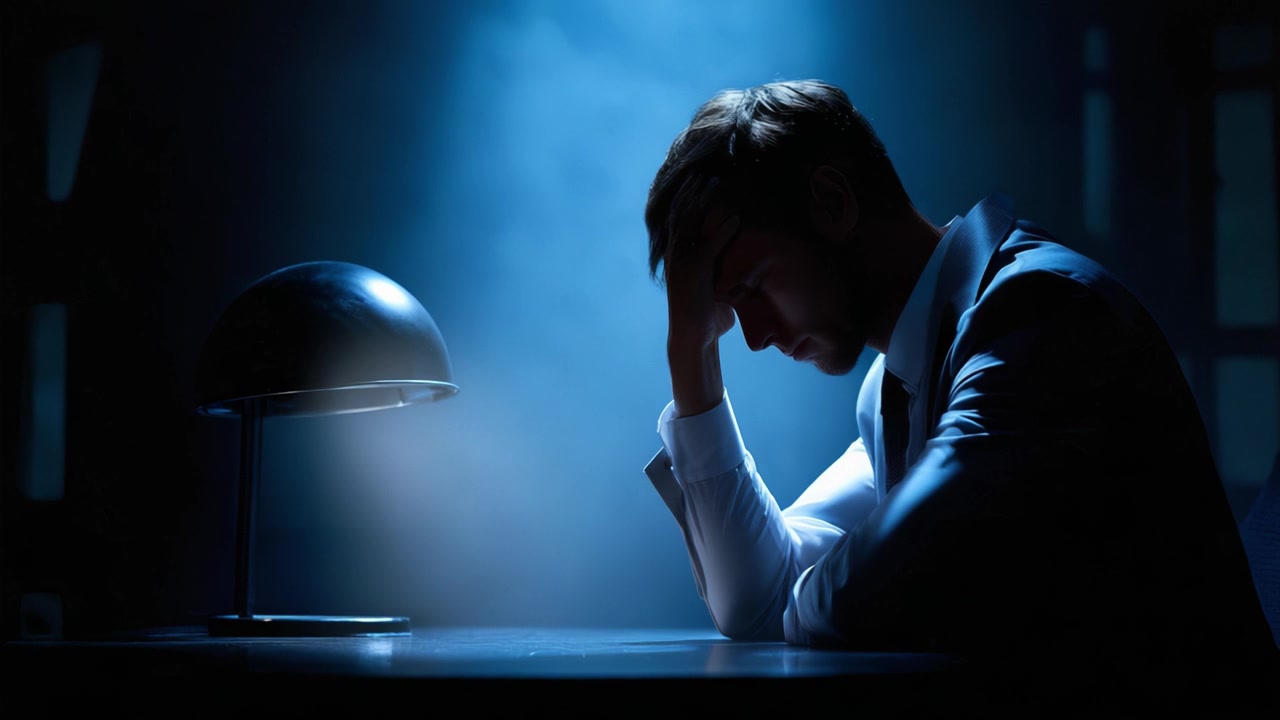 A solitary figure in a dimly lit room struggles with deep emotions, encapsulating moments of introspection and despair under the serene glow of a desk lamp.