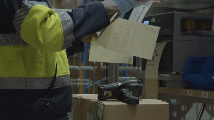 Man preparing shipping label in industrial warehouse - close up