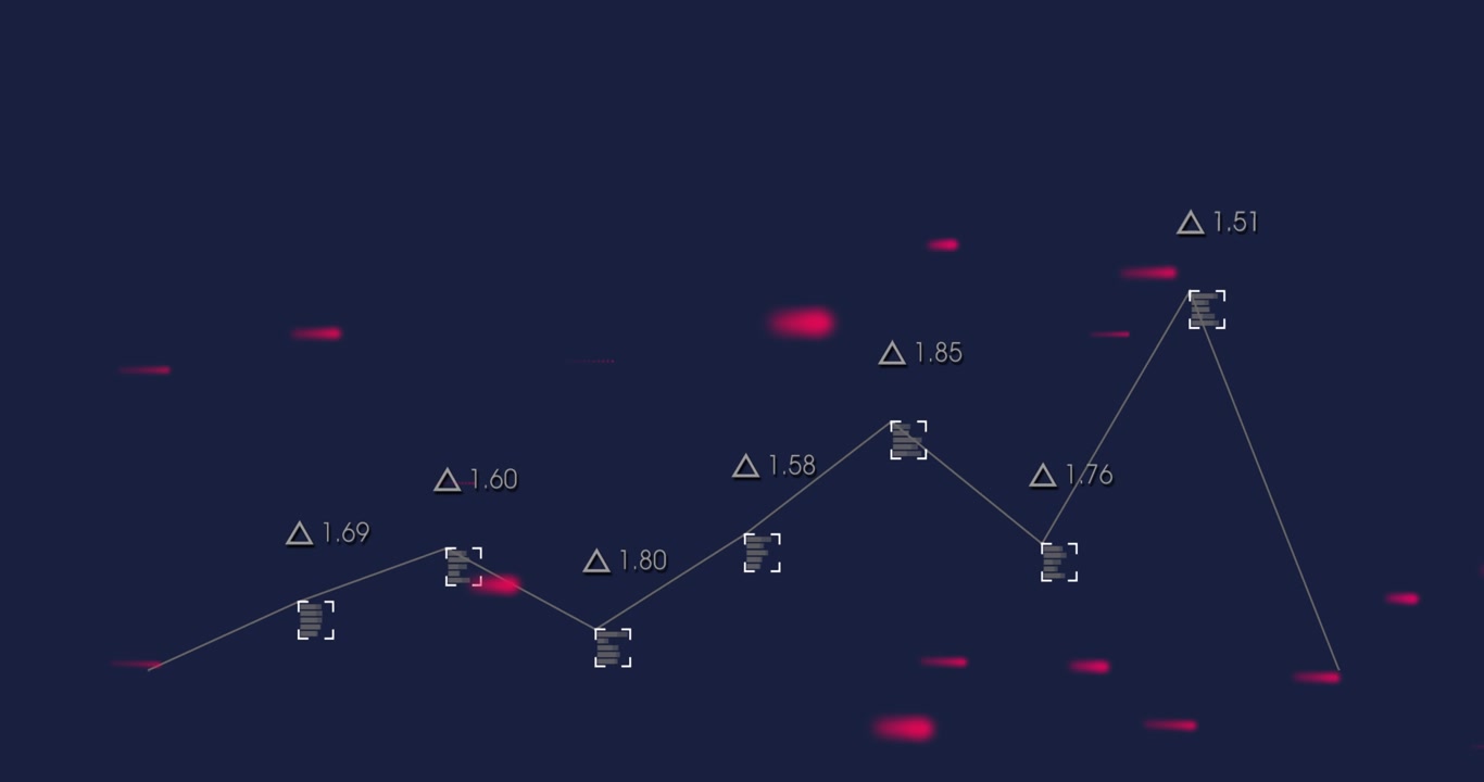 Animazione di elaborazione dati statistici e punti luminosi rossi che si muovono su sfondo blu.