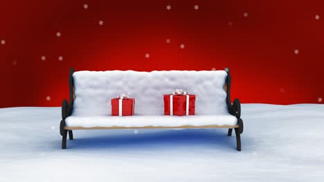 Animation-Von-Schnee,-Der-über-Zwei-Rote-Weihnachtsgeschenke-Auf-Eine-Schneebedeckte-Bank-Fällt