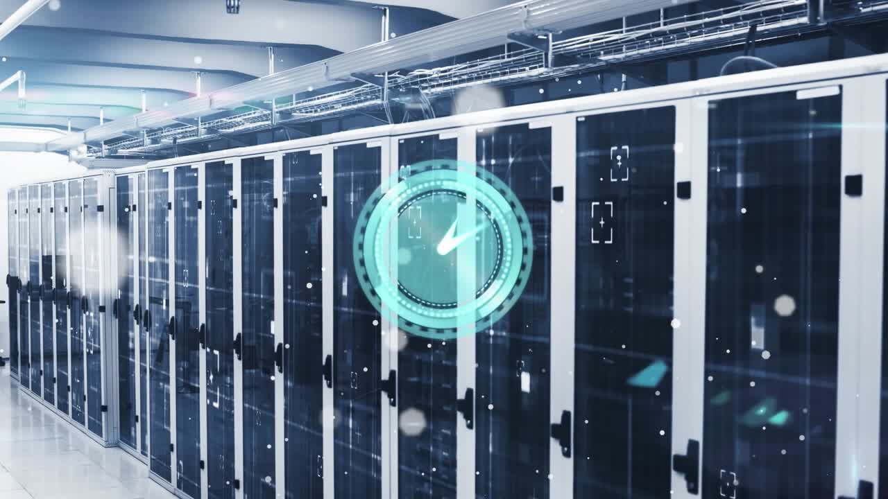 Teal holographic clock appearing above server racks, pulsing rings and sweeping hand showing time