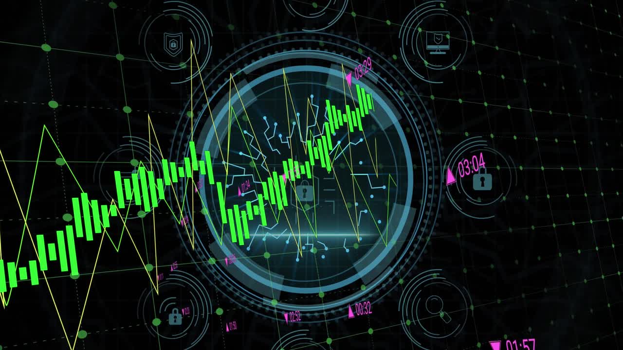 Animation of cyber security and padlock in circle over graphs on black background
