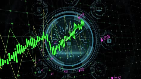 animación de seguridad cibernética y candado en círculo sobre gráficos en fondo negro