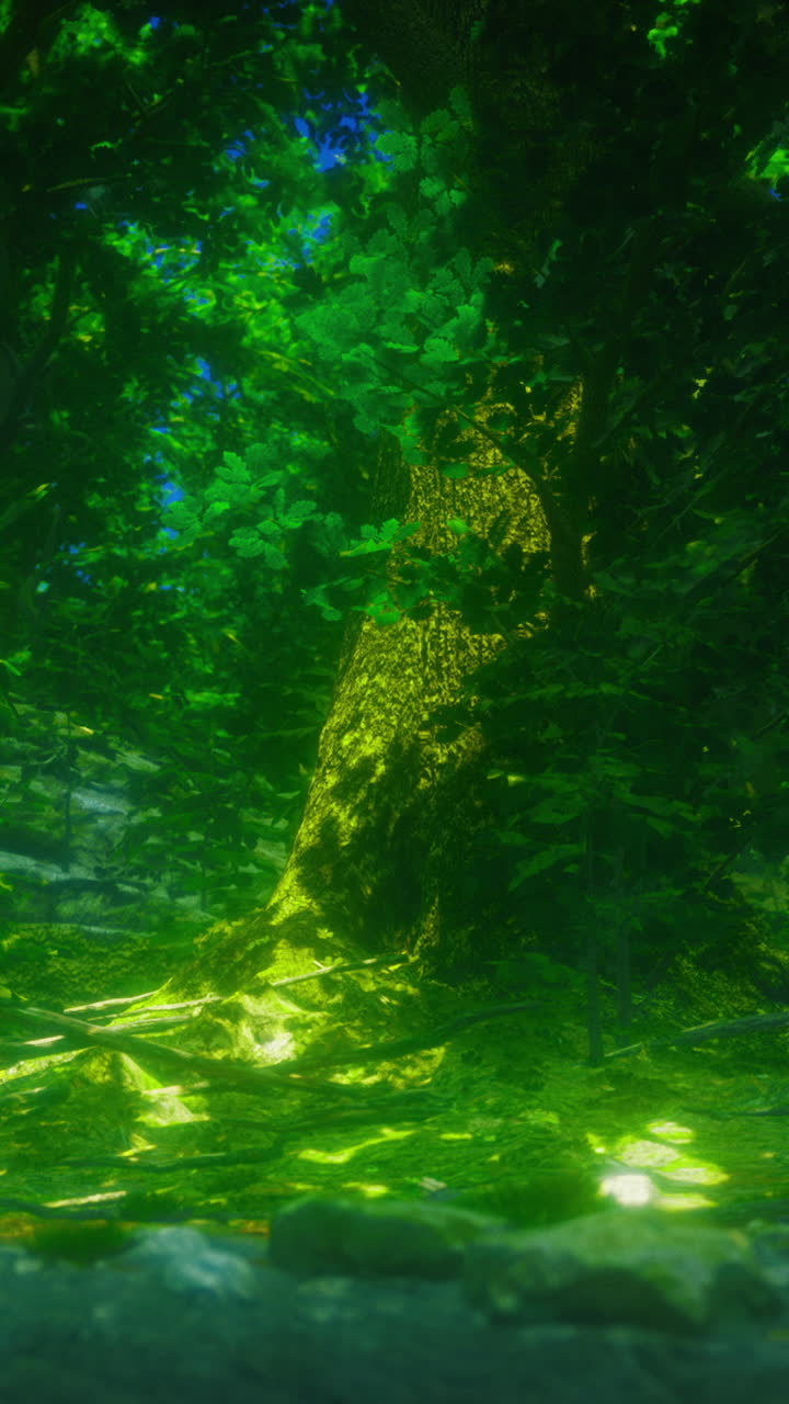 Un bosque misterioso resplandece con verdes vibrantes bajo una luz encantadora